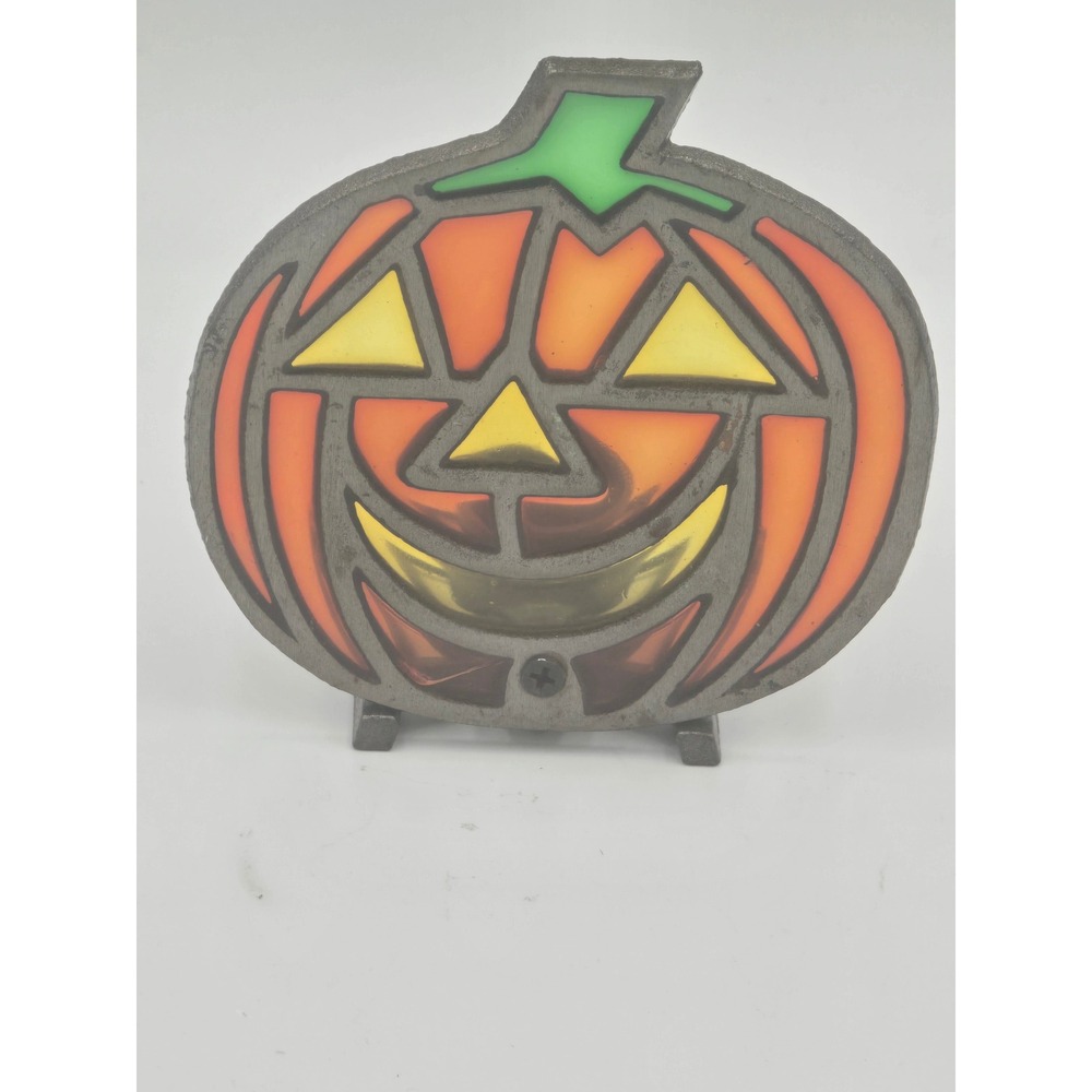 Vintage Cast Iron Stained Glass Pumpkin Jack O Lantern Votive Candle Holder 5in